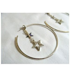 STAR HOOP EARRINGS 3" Silvertone w/ Rhinestones & Drop dangle Straight post